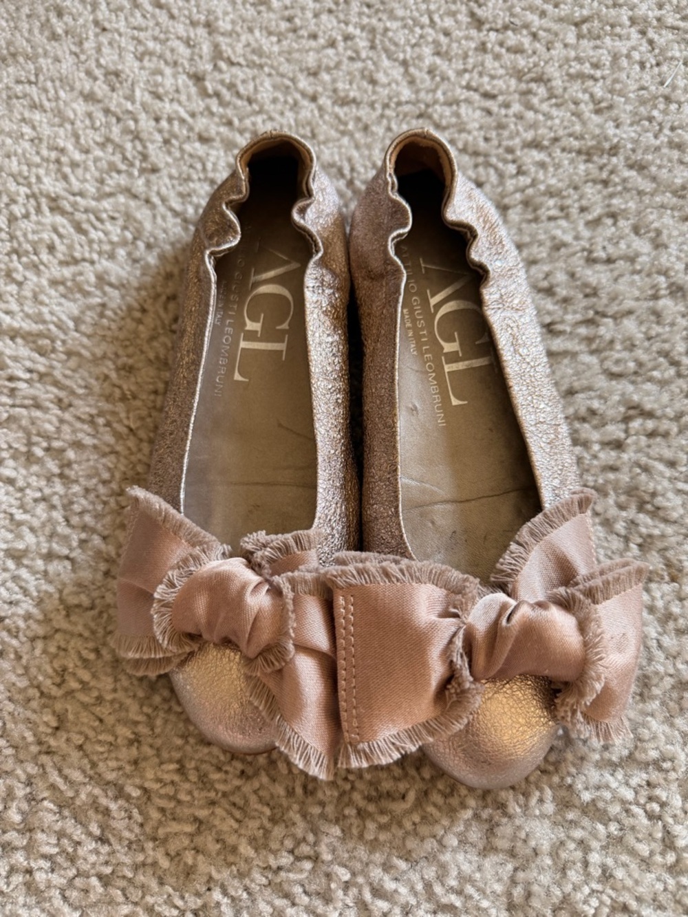 Agl Rose Gold Frayed Bow Ballet Flats made in Italy